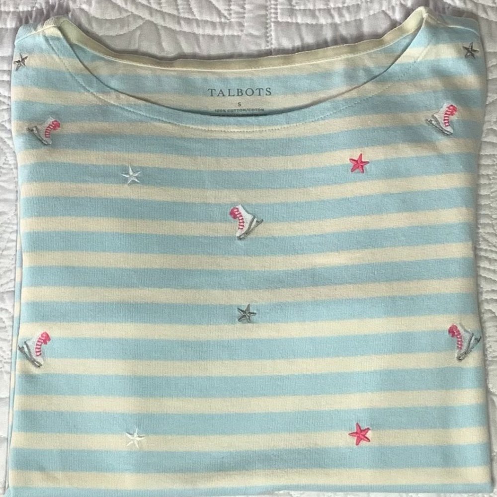 TALBOTS Long Sleeve Ice Skate Embroidered, BLUE ICE/IVORY, Medium - Picture 3 of 7
